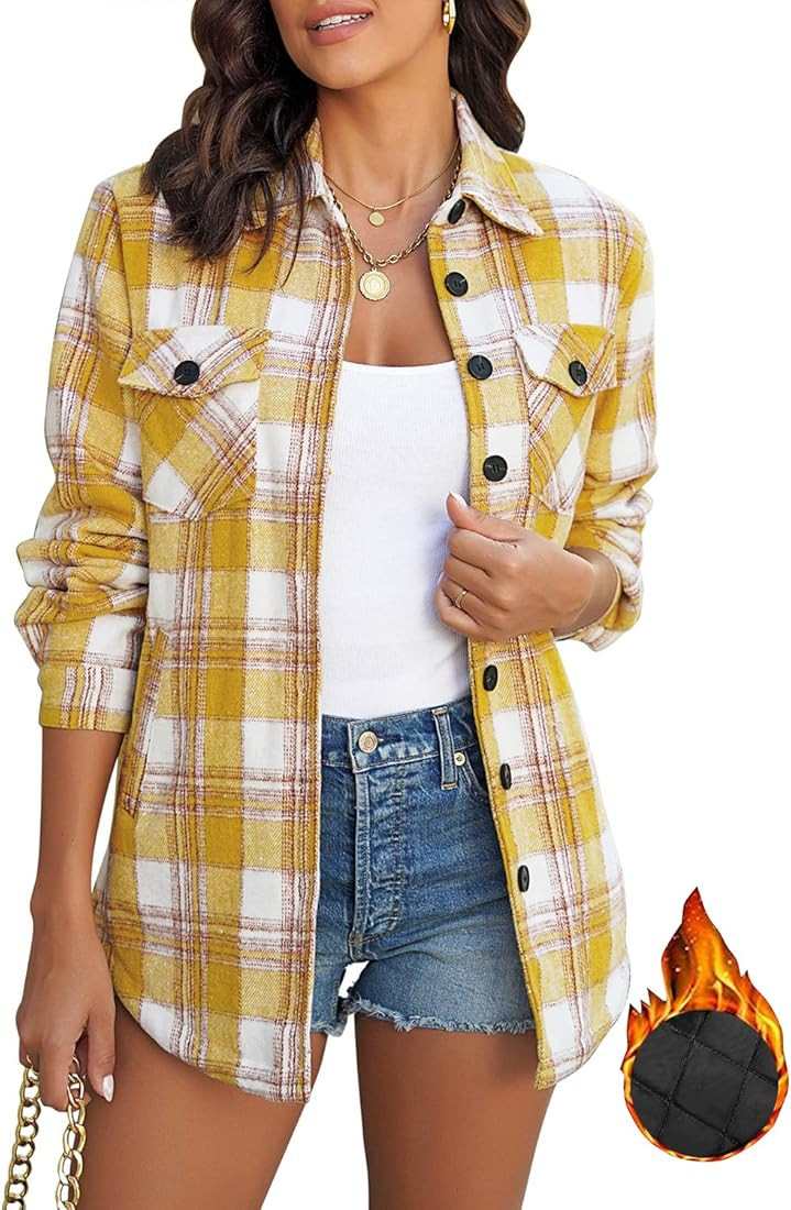 GRAPENT Women's Oversized Plaid Button Down Shirt Quilted Lined Shacket Jacket | Amazon (US)