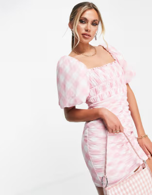 ASOS DESIGN puff sleeve ruched mesh bodycon mini dress in pink gingham print | ASOS (Global)