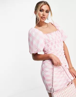 ASOS DESIGN puff sleeve ruched mesh bodycon mini dress in pink gingham print | ASOS (Global)
