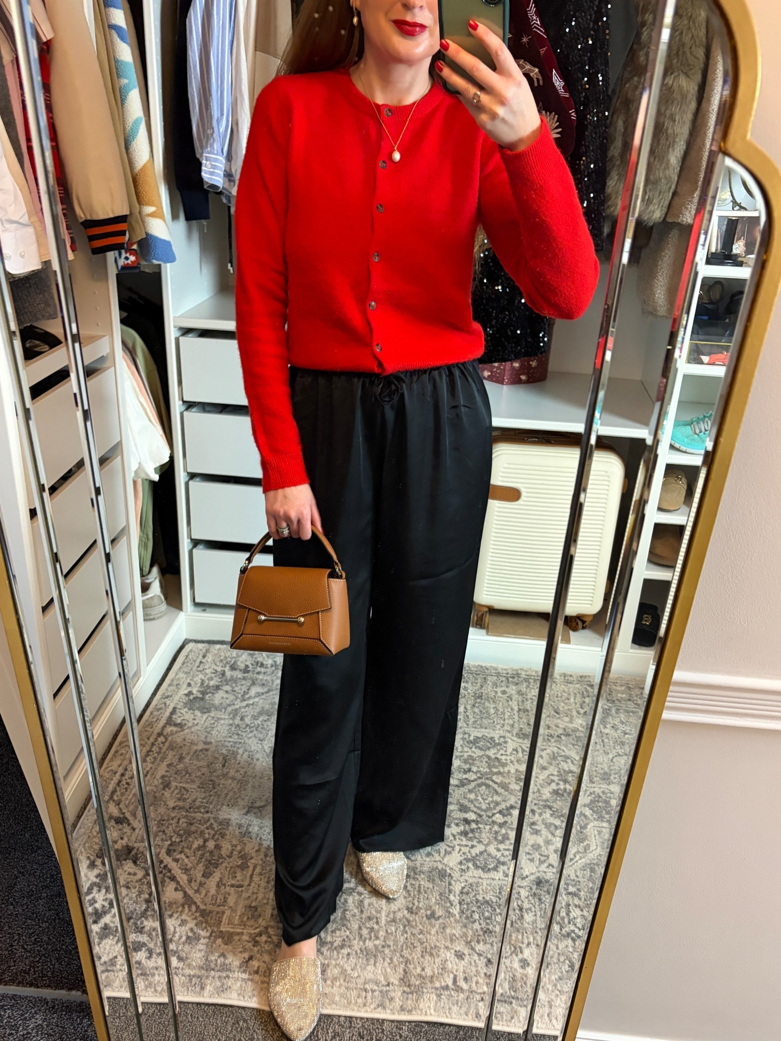 A classic and festive Christmas Day outfit that feels comfy and polished. H&M Red cardigan and Black Satin Trousers ♥️✨🎄 Wearing an XS in the red cardigan and a Small in the trousers. Red cardigan, red knitwear, partywear, satin trousers, Christmas drinks, holiday party outfit, date night outfit, Laura Ruth 

#LTKuk #LTKpartywear #LTKfestive