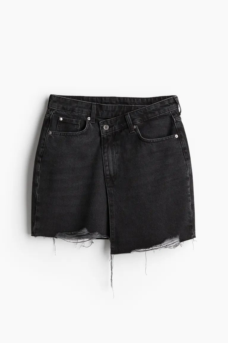 Wrapover-waist denim skirt - High waist - Short - Black - Ladies | H&M GB | H&M (UK, MY, IN, SG, PH, TW, HK)