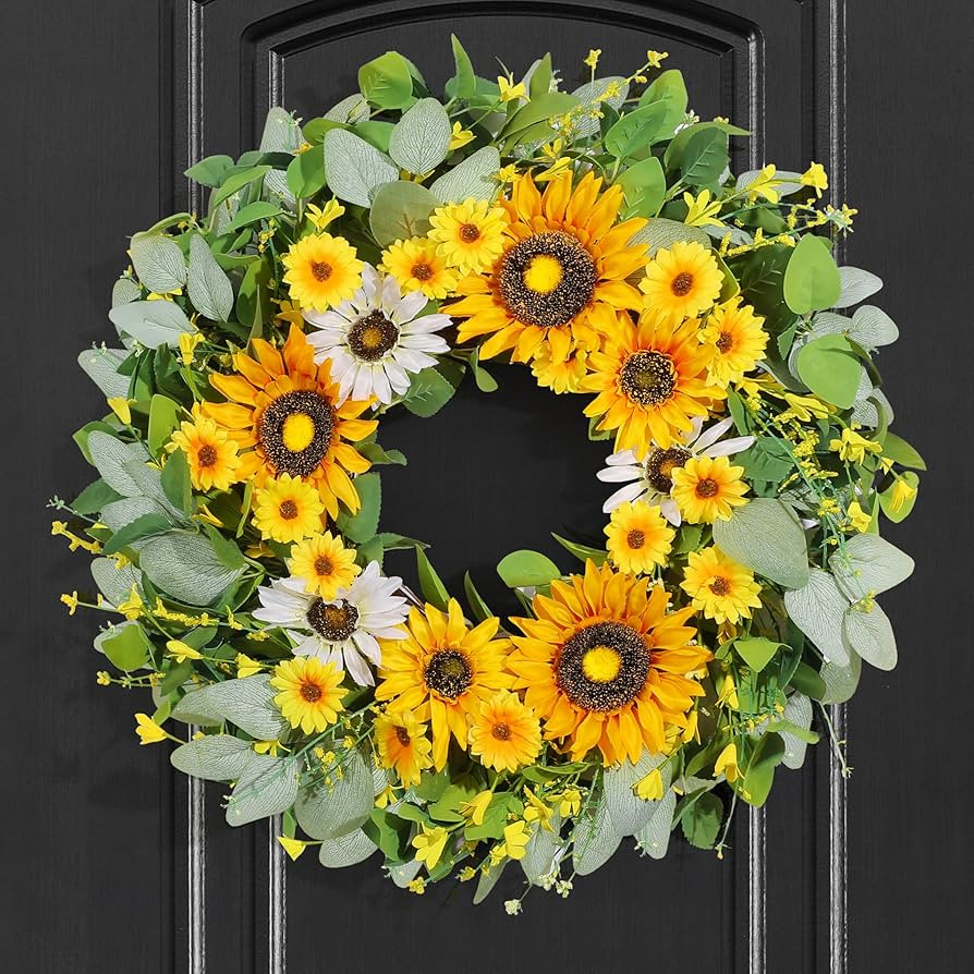 24" Sunflower Wreaths for Front Door, Greenery Summer Spring Front Door Wreath with Sunflowers an... | Amazon (US)