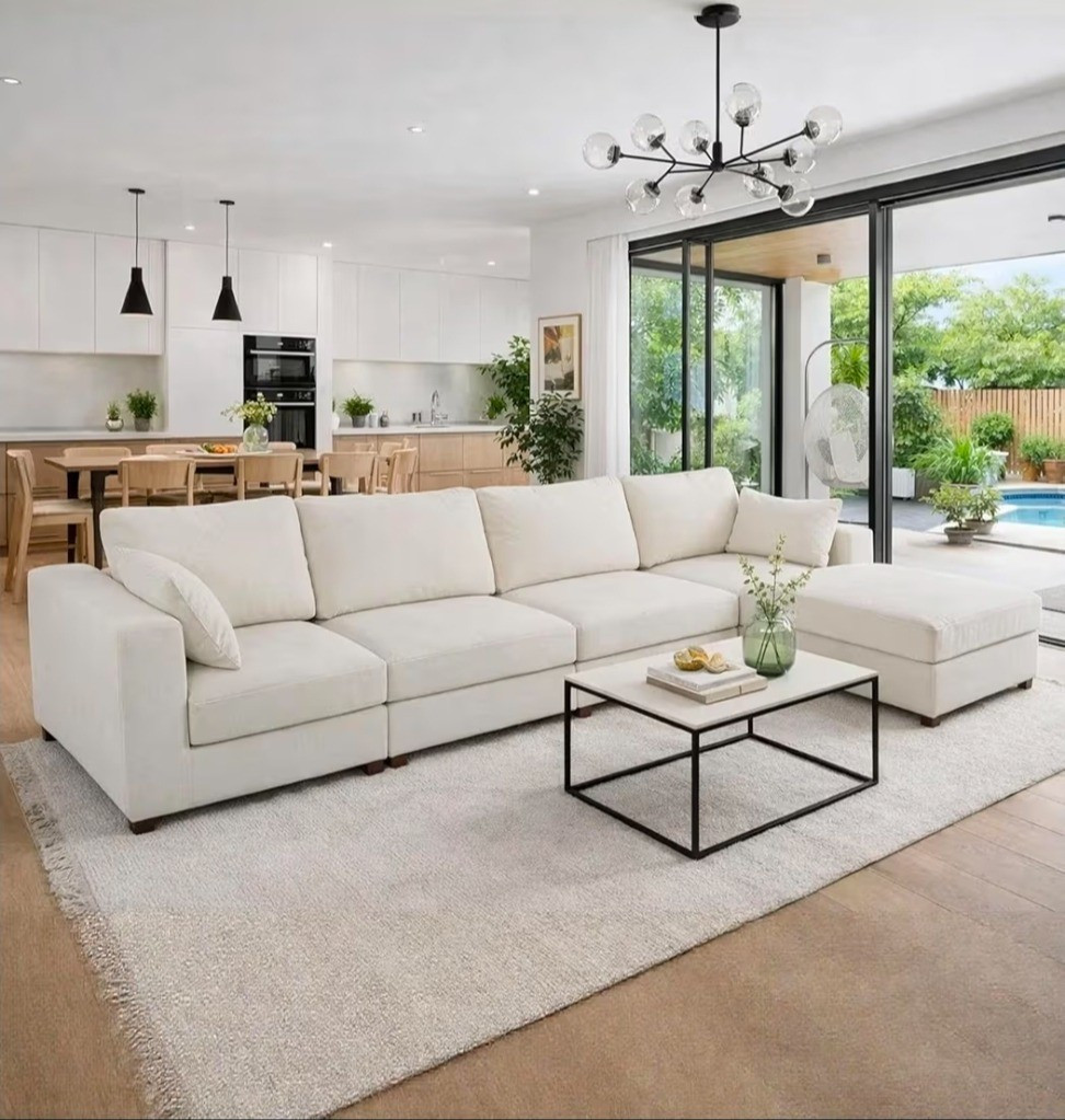 Modern home living room inspo, sectional, sofa, couch, modular, I shaped, u shaped, ottoman, coffee table, aesthetic, neutral, beige, white, cream, decor, accent, pendant light, kitchen, bar stools, dining, coffee table, black accents, rug, Scandinavian, minimalist#amazonhome #home #home inspo #livingroom #modernhome #modernlivingroom #decor #homedecor #minimalist 

#LTKHome #LTKdayinmylife