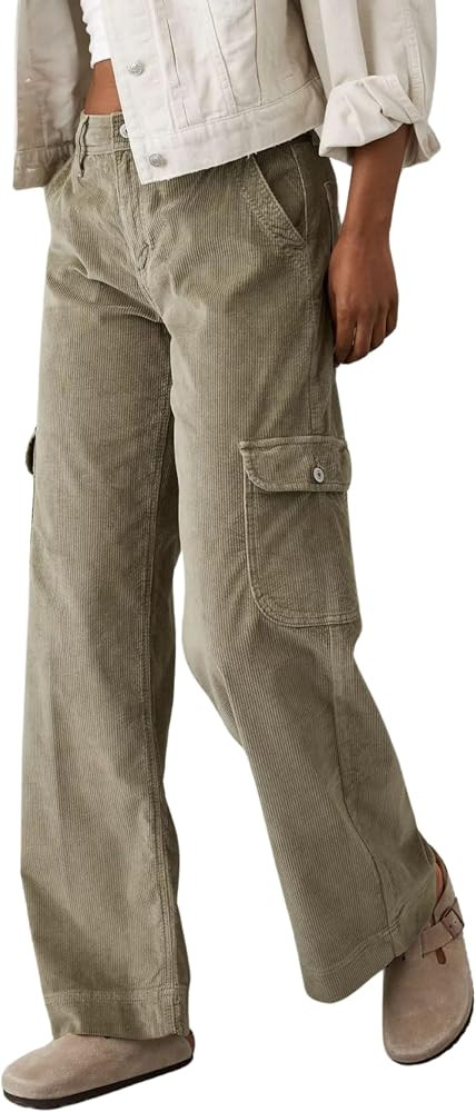 Corduroy Cargo Pants Women High Waist Baggy Flap Pockets Straight Wide Leg Y2K Pants | Amazon (US)