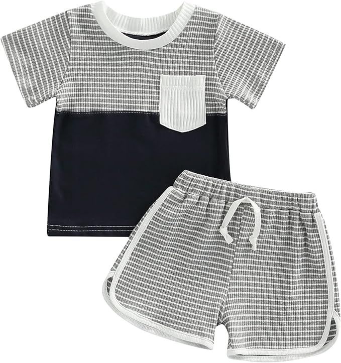 Karesoull Summer Toddler Baby Boy Girl Clothes Set Unisex Waffle Outfits Solid Short Sleeve Pocke... | Amazon (US)