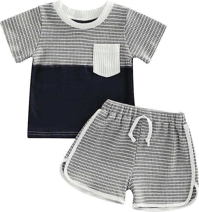 Karesoull Summer Toddler Baby Boy Girl Clothes Set Unisex Waffle Outfits Solid Short Sleeve Pocke... | Amazon (US)