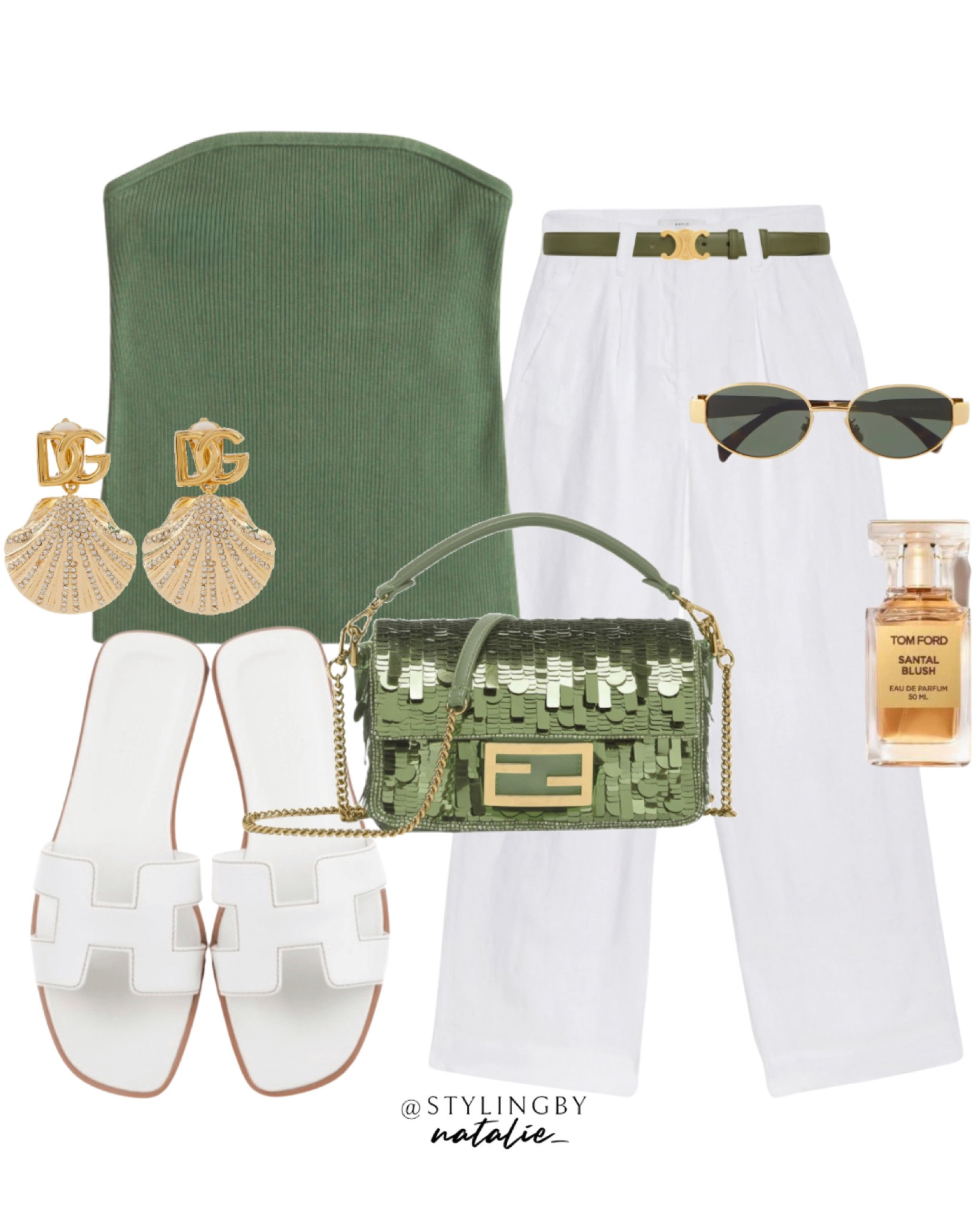 Green ribbed bandeau top, wide leg linen trousers, green celine belt, fendi sequin bag, Hermes white slides, seashell earrings, celine sunglasses & Tom ford perfume.
Holiday outfit, going out look, OOTN, party look, club wear, date night, summer outfit.

#LTKbag #LTKstyletip #LTKpartywear