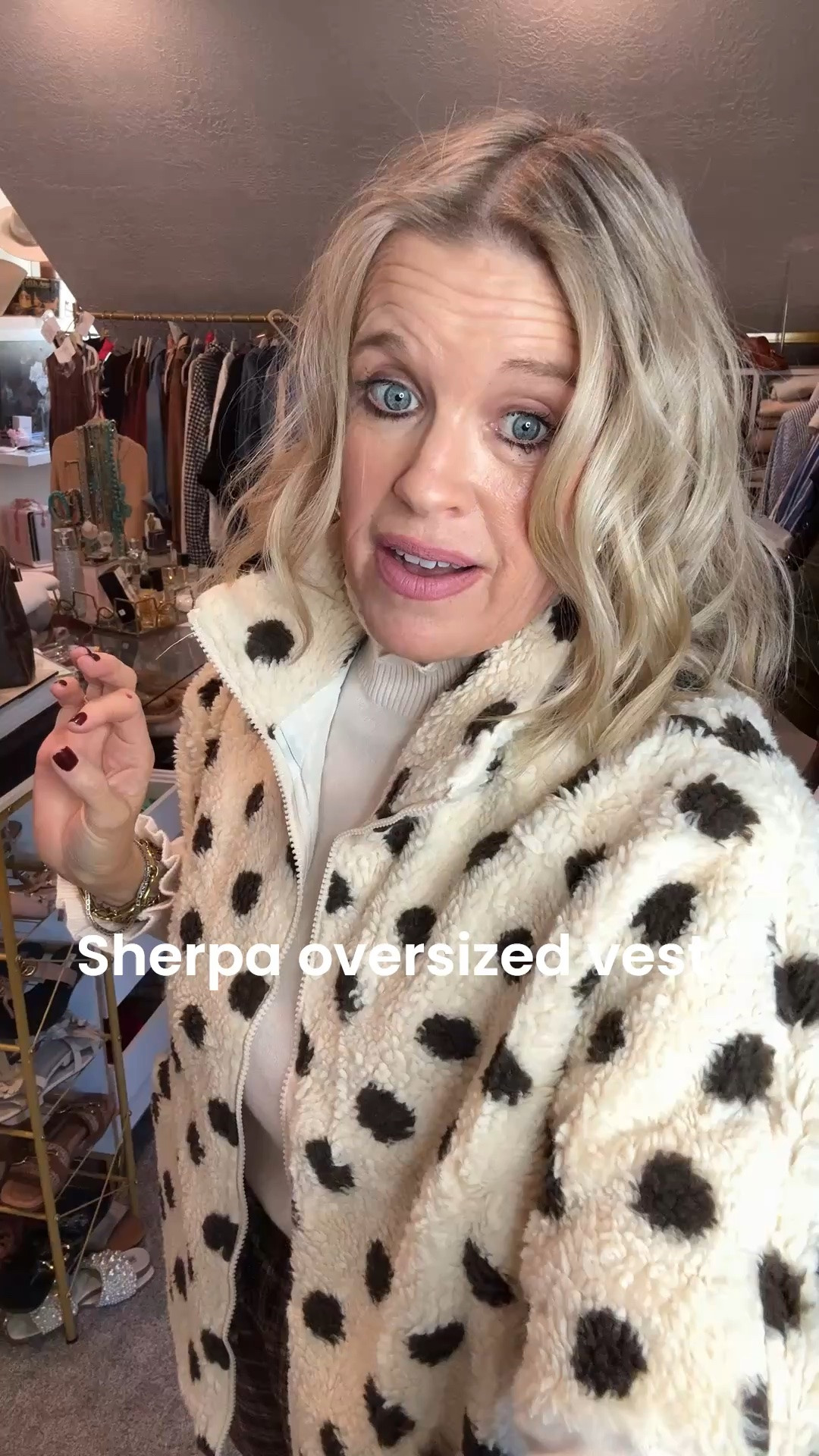 Polka dot Sherpa 
Oversized boxy vest.

So cute and makes a fun statement with the polka dots .

Comes in several colors…
Tts I got a med- I Gould gave sized down but the look is to be oversized- do I got my true size.

Cream lightweight ruffle detail sweater turtleneck tts

Both gone in served color options 

Plaid balloon pants with lace bottom