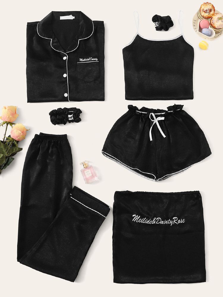 7pcs Letter Embroidered Cami PJ Set With Shirt | SHEIN