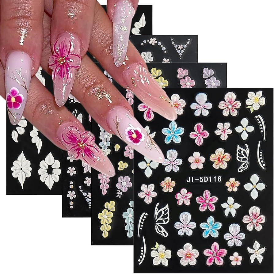 Flowers Nail Stickers 4 Sheets 5D Embossed Floral Nail Decals, Summer Neon Nail Design, 3D Acryli... | Amazon (US)