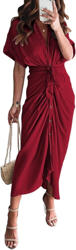 Linsery Womens Button Down Ruched Shirt Wrap Maxi       
Material: Polyester 

Occasion: Wedding,... | Amazon (US)