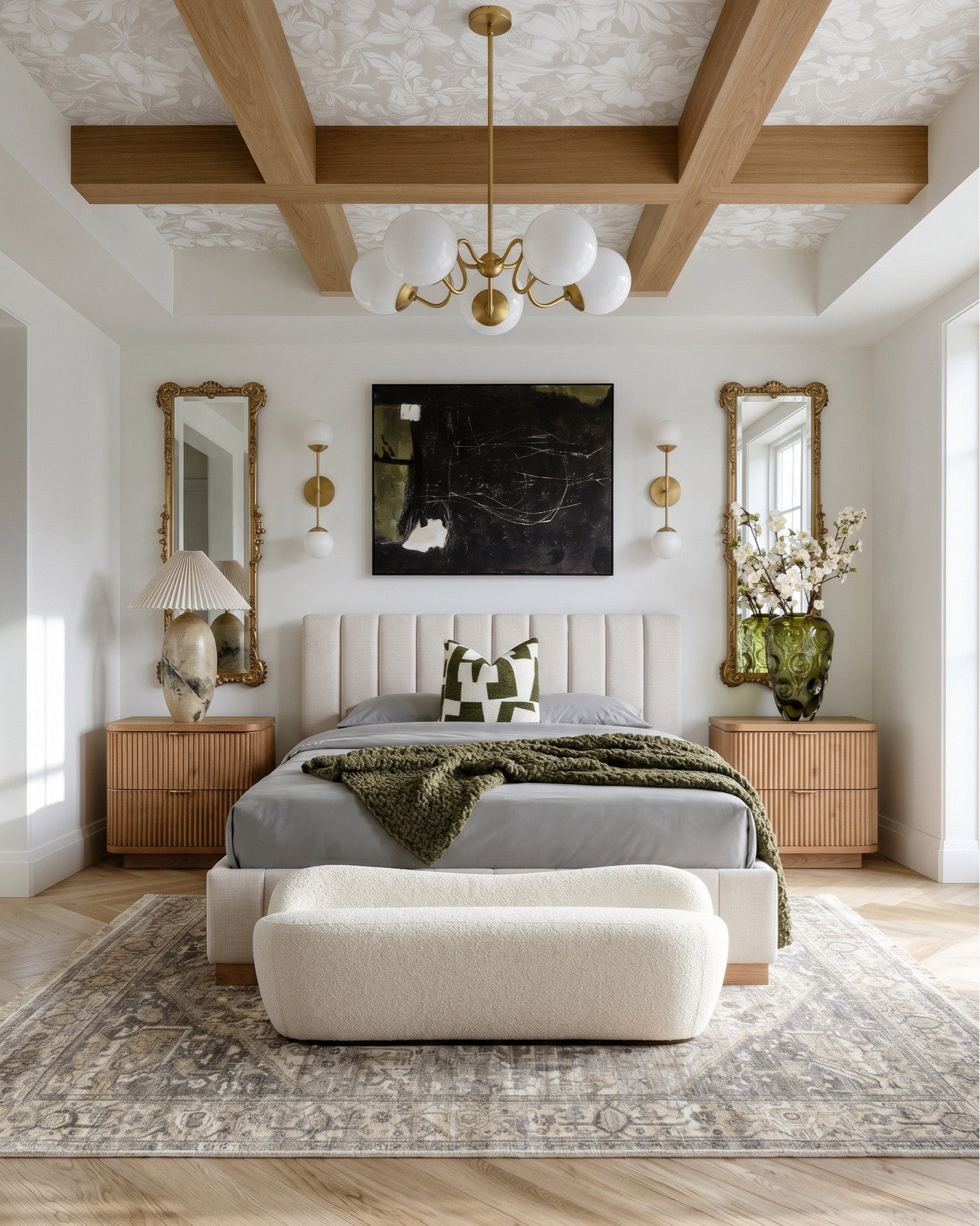 Shop the look:
* Upholstered platform bed
* Boucle bedroom bench
* Fluted wood nightstands
* Light oak six-drawer dresser
* Neutral vintage-style area rug
* Brass globe chandelier
* Brass double globe wall sconces
* Ornate gold wall mirrors
* Abstract black wall art
* Floral ceiling wallpaper
* Exposed natural wood ceiling beams
* Ceramic pleated table lamp
* White textured bedding
* Olive green knit throw blanket
* Green geometric accent pillow
* Decorative floral vase
* Modern ceramic decor vase
* Minimalist candle decor
* Mounted flat-screen TV
* Herringbone hardwood flooring
* Neutral upholstered bench seating
* Contemporary bedroom decor accessories
* Warm modern organic home decor
* Neutral coloured wall art
* Decor books
* Decorative brass tray
* Fluted wood dining table
* Modern transitional dining chairs
* Cream upholstered dining chairs with wood frame
* Brass tipped dining chairs
* Neutral vintage style area rug
* Distressed charcoal patterned rug
* Oversized modern globe chandelier
* Brass linear chandelier with white globes
* Light wood ceiling beams
* Floral wallpaper ceiling
* Custom coffered ceiling inspiration
* Large black framed dining room windows
* Modern black display cabinet
* Glass front china cabinet
* Moody dark wood cabinet
* Fluted wood sideboard buffet
* Ribbed wood credenza
* Abstract floral wall art
* Oversized modern abstract artwork
* Brass wall sconces with globe lights
* White ceramic table lamp
* Sculptural female torso decor
* Neutral woven ceramic vase
* Decorative brass tray
* Matte white decorative bowl centerpiece
* Large fiddle leaf fig tree
* Neutral dining room decor ideas
* Organic modern dining room inspiration
* Transitional dining room styling
* Warm wood dining room ideas
* High end designer dining room decor
* Luxury modern farmhouse dining room

#LTKhome #LTKsale #LTKstyletip