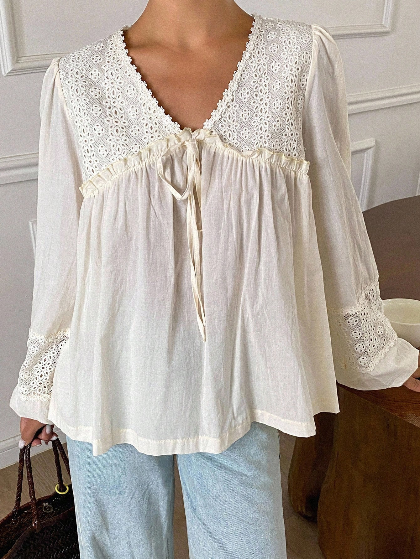 Livesso Women V-Neck Long Sleeve Lace Patchwork Blouse, Summer | SHEIN