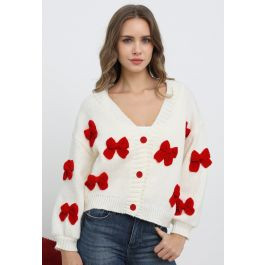 Fetchingly 3D Bowknot Buttoned Chunky Knit Cardigan in Red | Chicwish