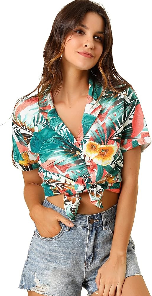 Allegra K Women's Hawaiian Shirts Floral Top Printed Short Sleeve Button Down Shirt Summer Tropic... | Amazon (US)