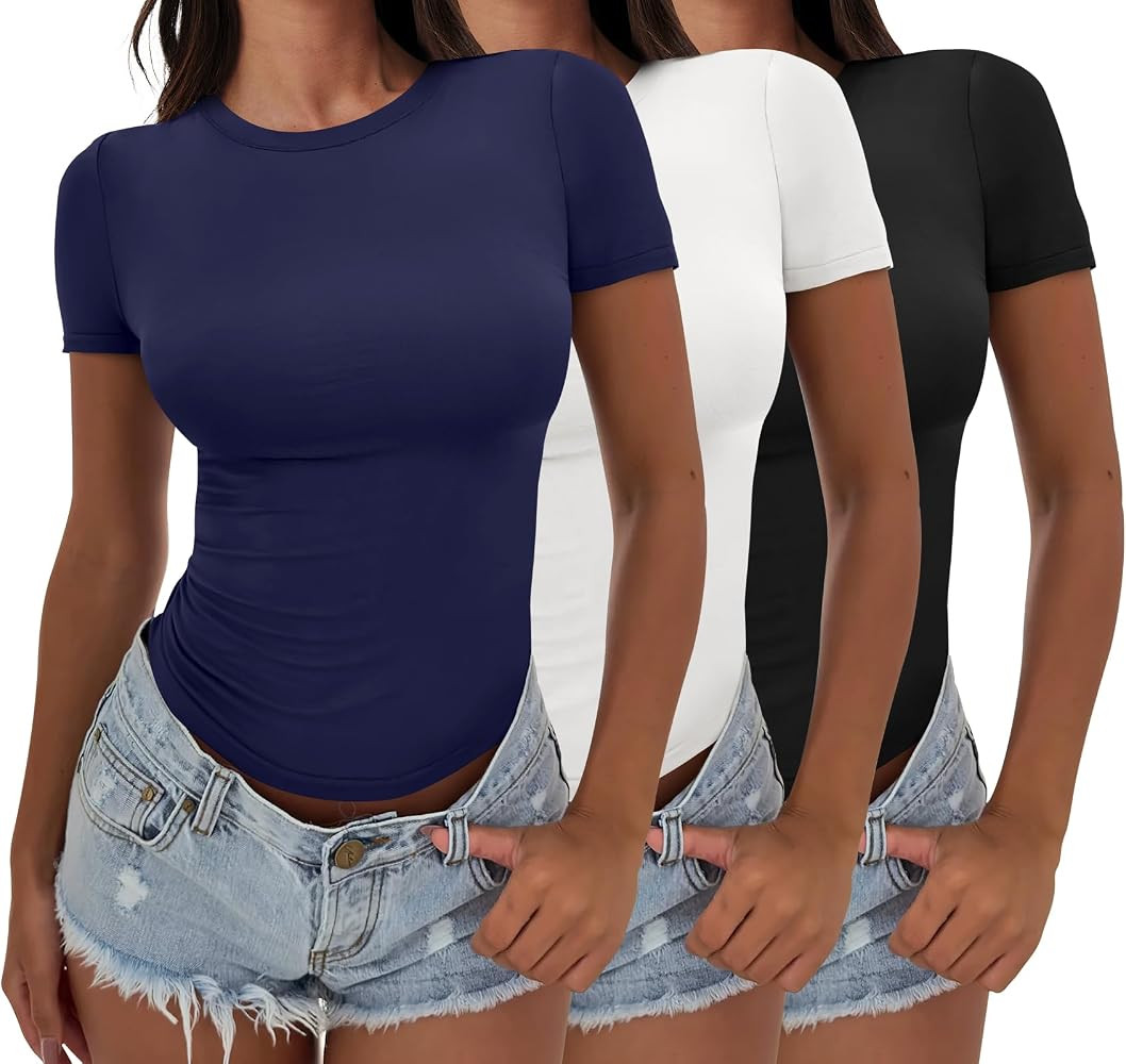 ANRABESS Women\u2019s 3 Pack Short Sleeve Shirts 2026 Crop Tops Tight Fitted Basic Tees Workout T... | Amazon (US)