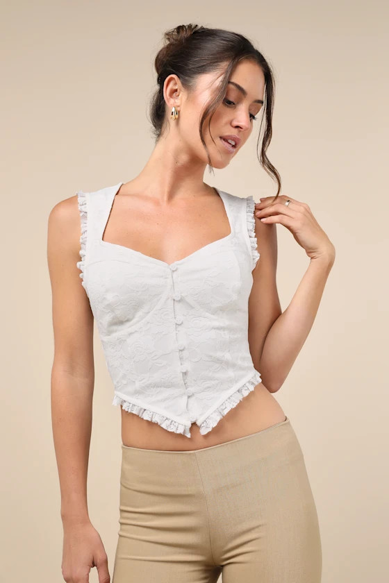 Lasting Cuteness Ivory Lace Ruffled Button-Front Crop Top | Lulus