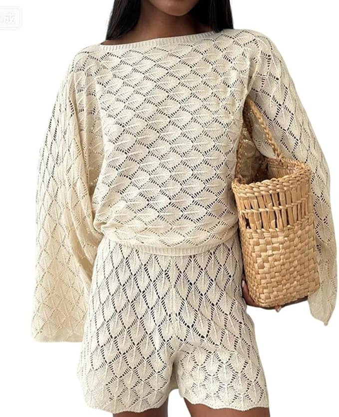 NIFTRIRY 2 Piece Lounge Set Women Long Sleeve Crochet Top and Shorts Beach Vacation Clothes Cover... | Amazon (US)