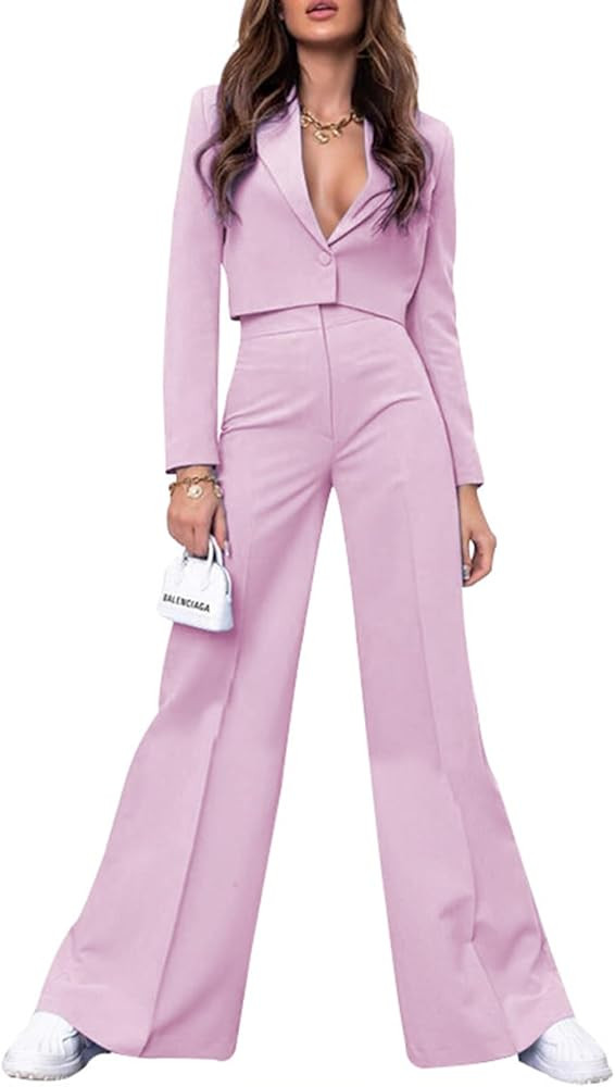 PinkPatty Women's Business Casual Outfits Lightweight Blazer Jacket and Wide Leg Pants Suit Set | Amazon (US)