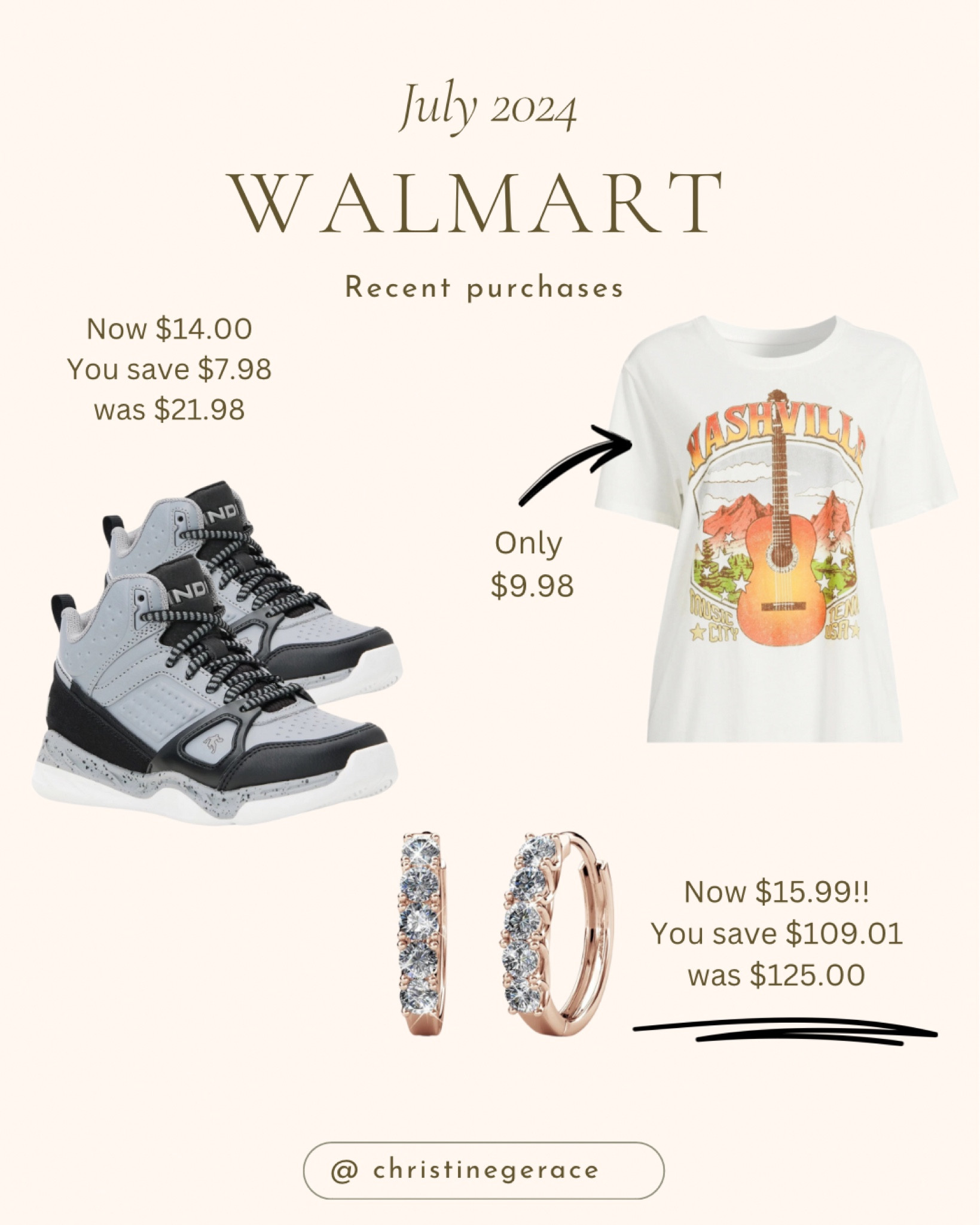Random recent Walmart purchases! 

Boys sneakers, Nashville T-shirt, rose gold hoops on super sale!! Shop below 

@christinegerace #walmartfashion #walmartdeals #walmartsales 

#LTKSummerSales #LTKStyleTip #LTKSaleAlert
