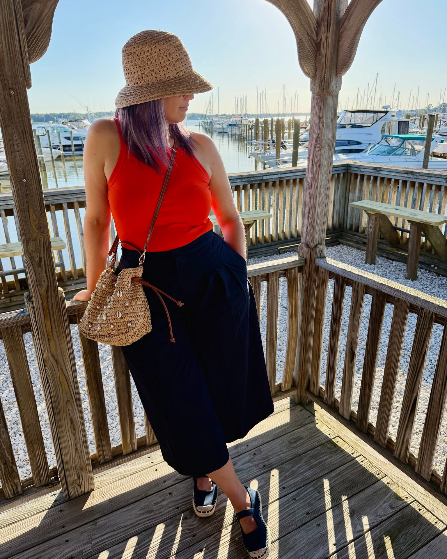 {$8 tank & full walmart outfit}

✔️Basic Tank▪️fire orange-red squared off neck tank top, cotton with spandex for comfortable fit 〰️ size large {TTS) from walmart 
✔️Capri Khakis▪️navy blue Collette pants that fall just below the knee - I was surprised these were flattering for my body type 〰️ size large {run big, I’m in between a large and XL and the way this size large fits on me I can tell they run a little big} from walmart 
✔️Minimizer Bra▪️strapless bra that’s also a minimizer bra if you’re trying to have your chest look smaller or eliminating all that cleavage! This one is interesting b/c it’s basically a bandeau style bra with the underwrites on the OUTSIDE, so if you hate underwire but still need to wear them, this would be great for you b/c you don’t feel it.  I have always wanted the comfort of a bandeau bra but have too much to hold up…so this one is a great compromise! 〰️ size 36DD {one down from my regular size of 36DDD} by Delamira 
✔️Raffia Bag▪️vacation ready raffia crossbody purse with seashells on the front - no worries, they’re not on the back of it so won’t get caught up on your clothes/fall off due to rubbing, cognac faux leather on bag pull and crossbody strap 〰️ from walmart
✔️Raffia Bucket Hat▪️from walmart 
✔️Espadrille Shoes▪️ blue mary Jane espadrille flats with buckle and squared off toe 〰️ from walmart

Vacation outfit, beach style, resort style, vacation OOTD, summer outfit, summer OOTD, preppy, preppy OOTD, Walmart fashion, Walmart outfit, Walmart style
#under20 #under30 #under40 #under50 #under60 #under75 #under100 #affordable #budget #inexpensive #size14 #size16 #size12 #medium #large #extralarge #xl #curvy #midsize #pear #pearshape #pearshaped budget fashion, affordable fashion, budget style, affordable style, curvy style, curvy fashion, midsize style, midsize fashion

#LTKootd #LTKOver40 #LTKSeasonal