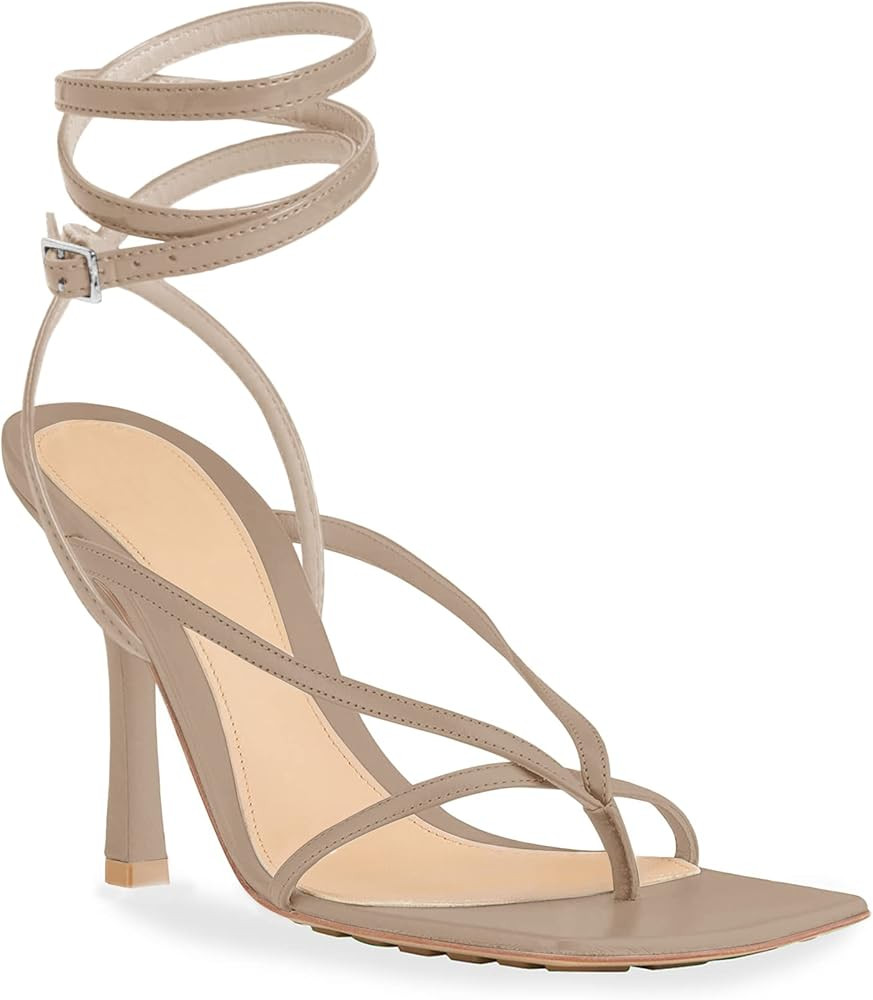 Women's Lace Up Heeled Sandals Square Open Toe Stiletto Heels Flip Flops Ankle Strap Pumps | Amazon (US)