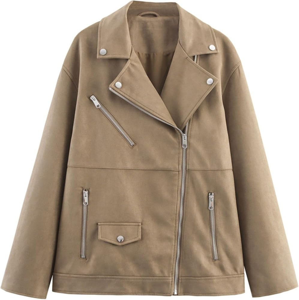 Xunger Women's Faux Suede Stylish Trench Biker Jacket Oversized Zip Front Casual Asymmetric Lapel... | Amazon (US)