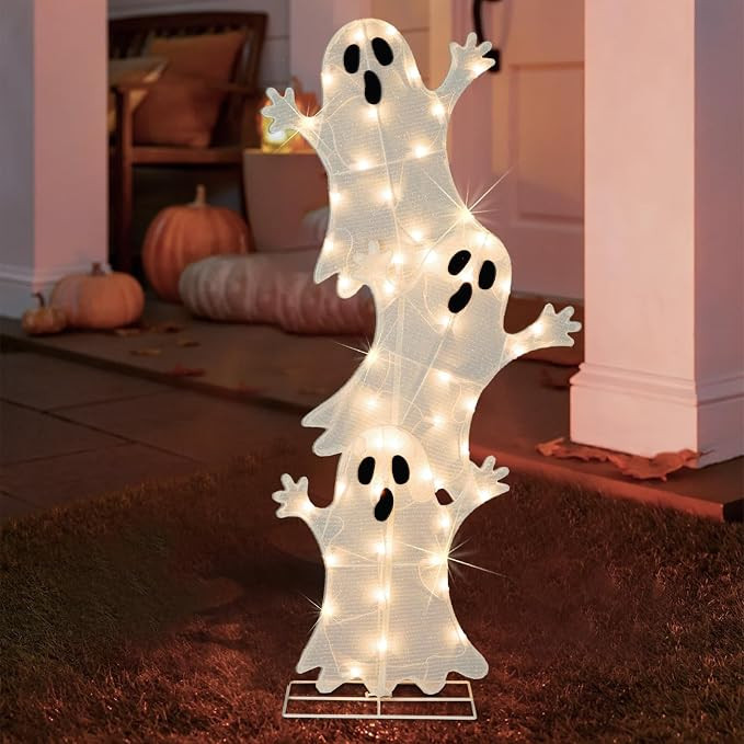 Halloween Lighted 3 Stacked Ghosts, 42’’ H Pre-Lit Lighted Ghosts with 50 Warm White Lights, ... | Amazon (US)
