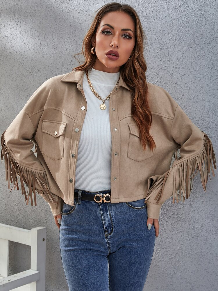 Flap Pocket Fringe Trim Single Breasted Crop Suede Jacket | SHEIN