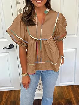 Cicy Bell Womens Summer Babydoll Tops V Neck Short Lantern Sleeve Shirts Cute Loose Fit Peplum Fl... | Amazon (US)