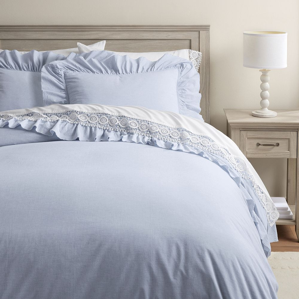 Chambray Ruffle Organic Duvet Cover | Pottery Barn Teen