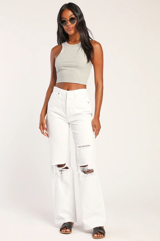 Head in the Clouds White Distressed Flare Denim Jeans | Lulus (US)