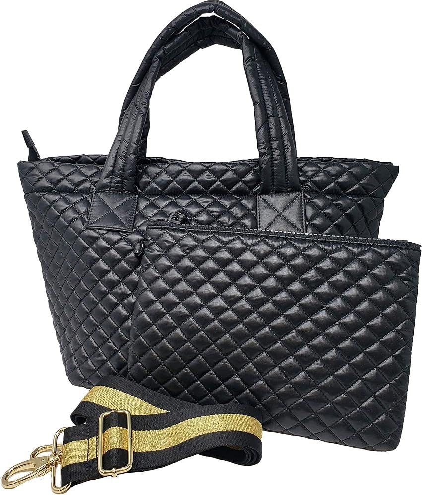 Comfortable Light weight Medium size Quilted Tote bag with Pouch and Strap water repellent Black | Amazon (US)