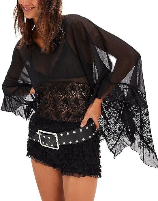 Women Sheer Poncho Tops Oversized Batwing Sleeve Blouse Contrast Lace See Through Mesh Cover Up R... | Amazon (US)