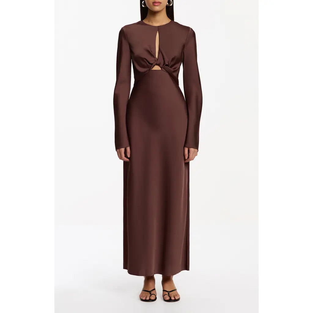 Significant Other Molly Long Sleeve Cutout Detail Satin Gown in Chocolate at Nordstrom, Size 2 Us | Nordstrom