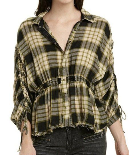 Black & Yellow Plaid Cinched Raw-Edge Snap-Up Top - Women | Zulily