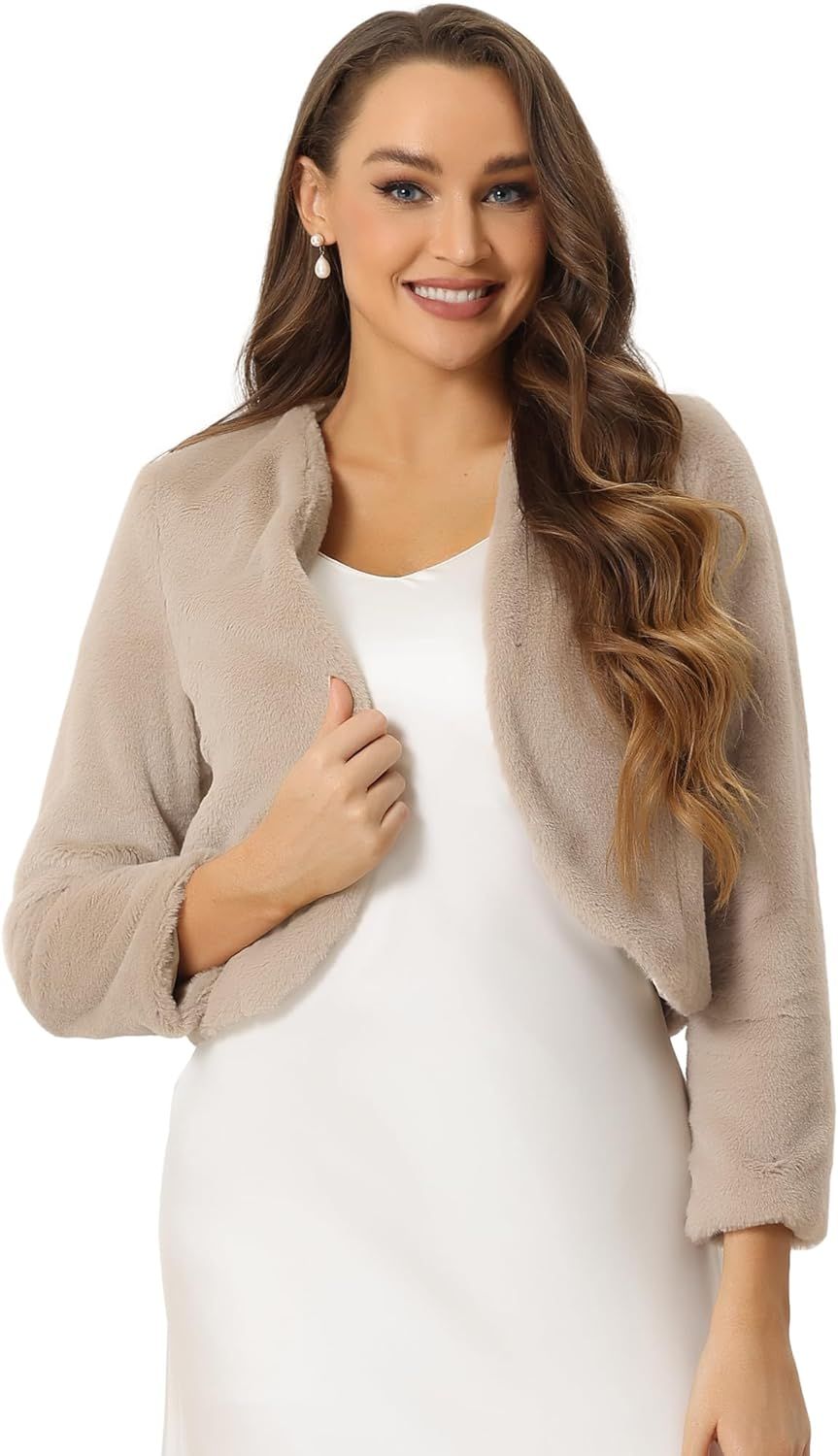 Allegra K Cropped Jacket for Women's Faux Fur Long Sleeve Open Front Wedding Bolero Winter Coat | Amazon (US)