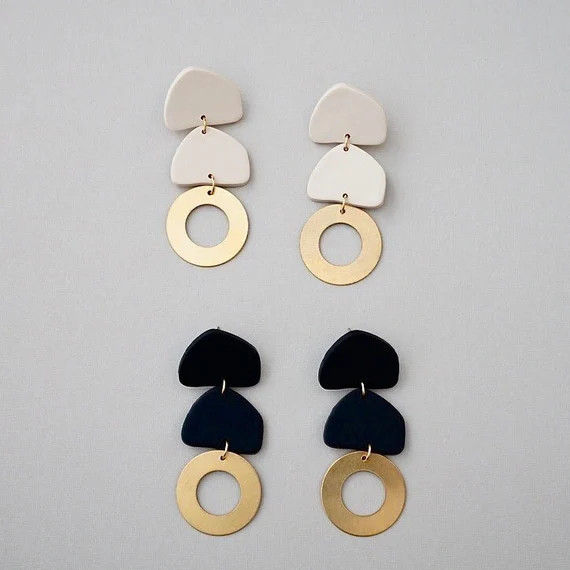 Brass & Polymer Clay Earrings, Titanium Posts, Non-Pierced Clip On, Long Geometric Clay Dangles, ... | Etsy (US)