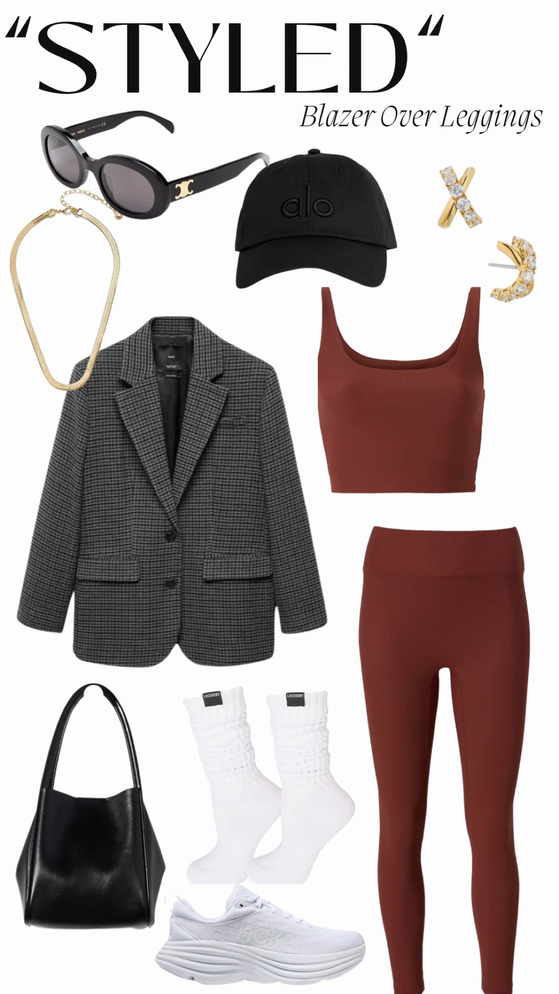 

“Styled” Blazer Over Leggings Look

Ribbed Sports Bra & Leggings: Bandier
Houndstooth Structured Blazer: Mango
Sneakers: Hoka Bondi 8 in color combo white/white
Black Mini Tote Bag: Anthropologie
Scrunched Socks: LECHERY
Black Sunglasses: Celine Triomphe 
Chain Necklace: Bauble Bar
Black Baseball Cap: Alo
Gold Stud Earrings: Nadri

#LTKshoecrush #LTKitbag

#LTKSeasonal #LTKfitness #LTKActive