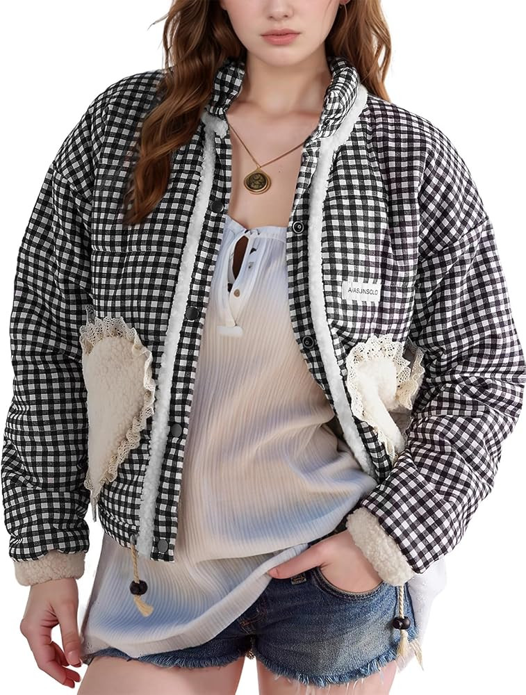 Wyeysyt Women's Cropped Puffer Jacket Winter Gingham Snap Plaid Short Padded Coats with Pockets(B... | Amazon (US)