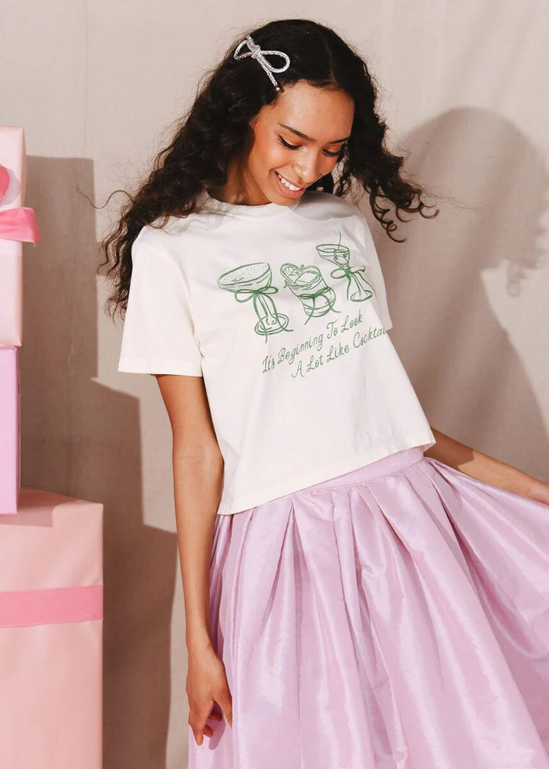 It's Beginning To Look A Lot Like Cocktails Cropped Tee - Natural | Alice & Wonder
