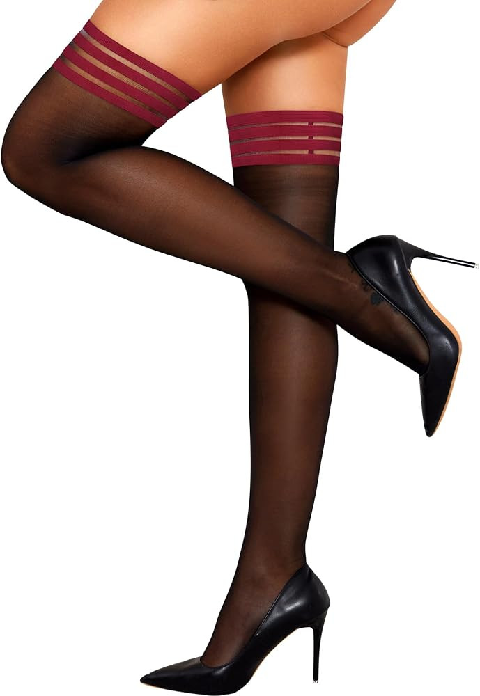 RSLOVE Thigh High Stockings for Women - Stripe Top with Anti-Slip Silicone Stay Up Sheer Pantyhos... | Amazon (US)