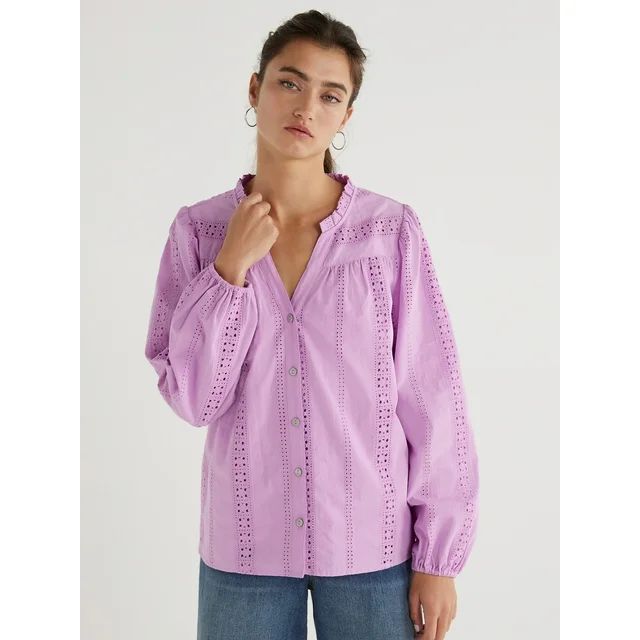 Time and Tru Women's Button Down Shirt with Crochet Trim, Sizes XS-XXXL | Walmart (US)