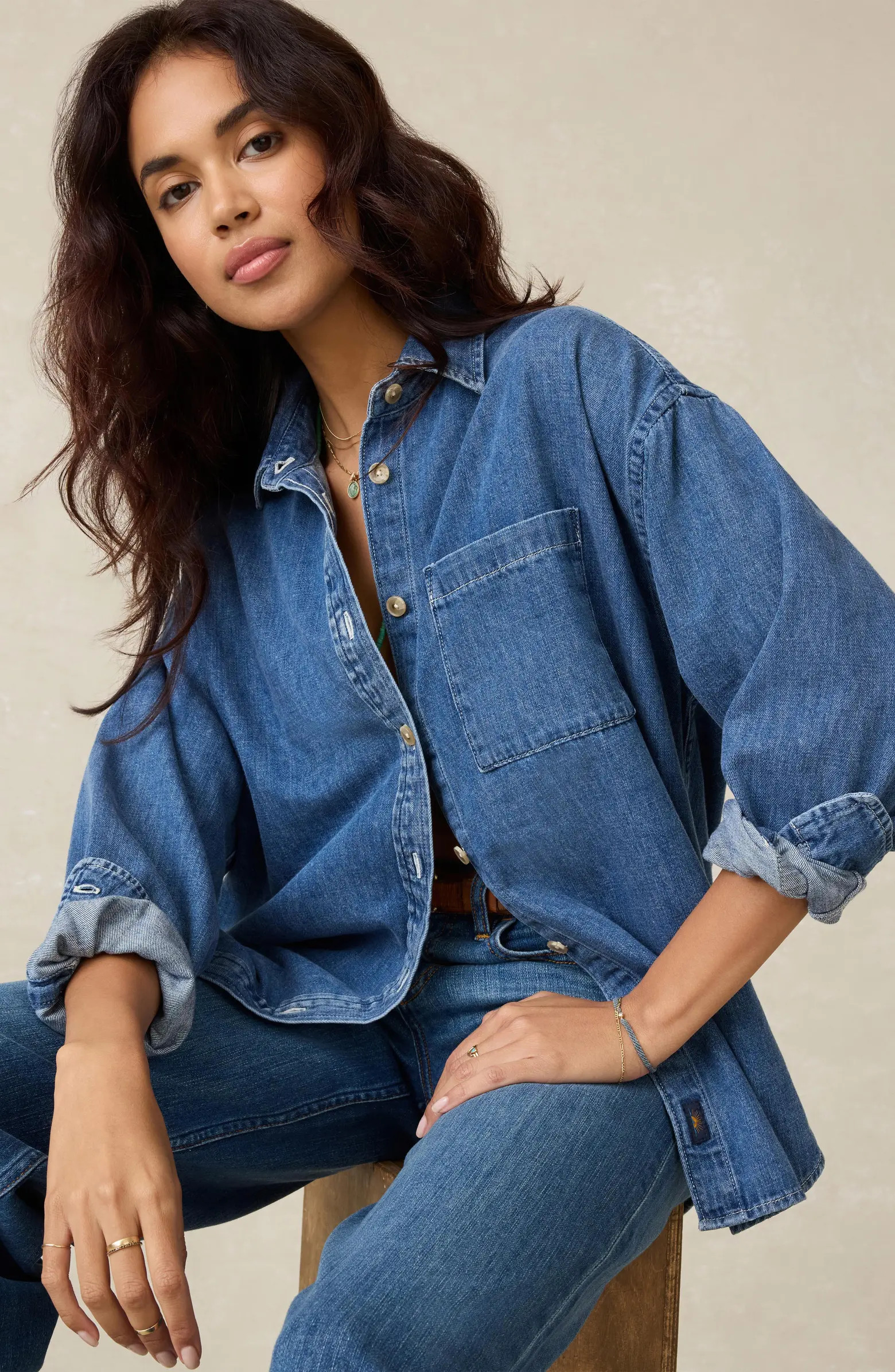 Faherty Sunfair Oversized Organic Cotton Denim Button-Up Shirt | Nordstrom | Nordstrom