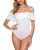Hawiton Women's Ruffle Off Shoulder Bodysuit Cotton Stretchy Leotards Rompers Jumpsuits White XXL | Amazon (US)