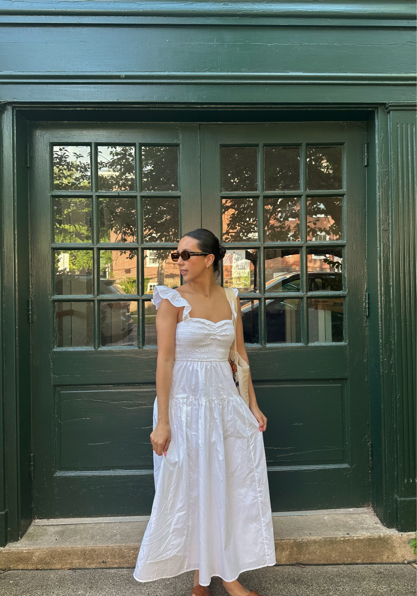 ruffle strap smocked midi dress Lt. Blue/White Print Ruffle Strap Smocked Midi Dress  Peacocks & Pearls  Lexington