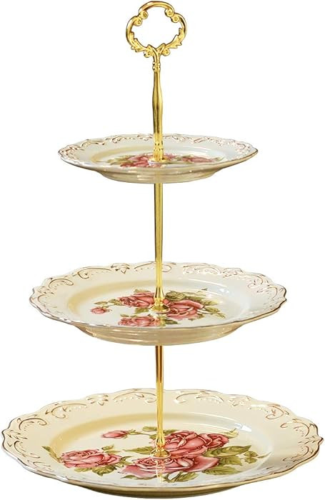YOLIFE Red Rose Pattern 3 Tiered CupCake Stand, Emboss Golden Leaves Edge Porcelain 3 Tier Pastry... | Amazon (US)