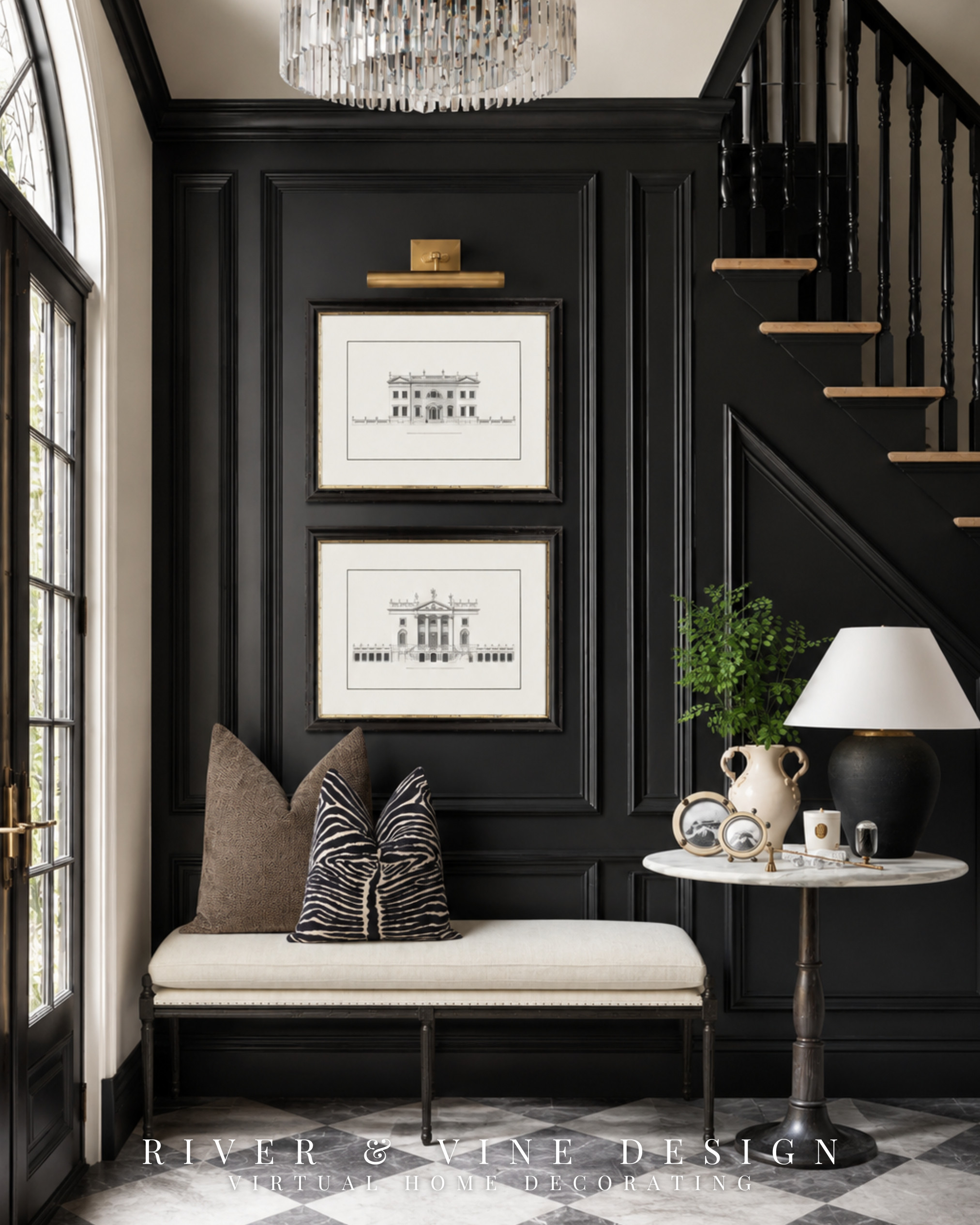 A black entryway moment that feels classic, dramatic, and timeless — picture lights, framed architectural prints, a bench, marble checkerboard flooring, a pedestal table, and a sculptural table lamp. This is the kind of styling that makes a foyer feel intentional without needing a ton of pieces.

Great inspiration for a small entryway, staircase landing, hallway, or front door moment that needs more character.

black entryway, classic foyer decor, traditional entryway ideas, bench styling, picture light, architectural prints, marble checkerboard floor, small entryway design, timeless home decor.

I may receive a small commission from purchases made through these links, at no cost to you. 

 #LTKHome