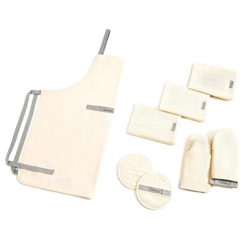 Caraway Linen Set - Apron, Pot Holders, Oven Mitts, & Tea Towels - 100% Organic Cotton - Durable, Machine Washable - Cream | Amazon (US)