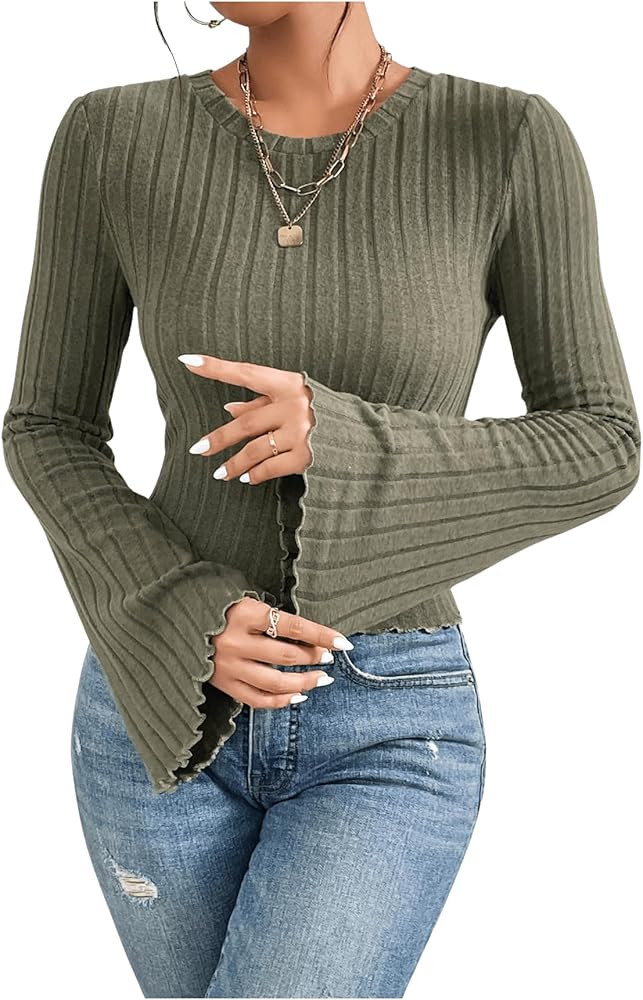 SweatyRocks Women's Bell Sleeve Crop Tops Dressy Casual Crewneck Lettuce Trim Ribbed Fitted Shirt... | Amazon (US)